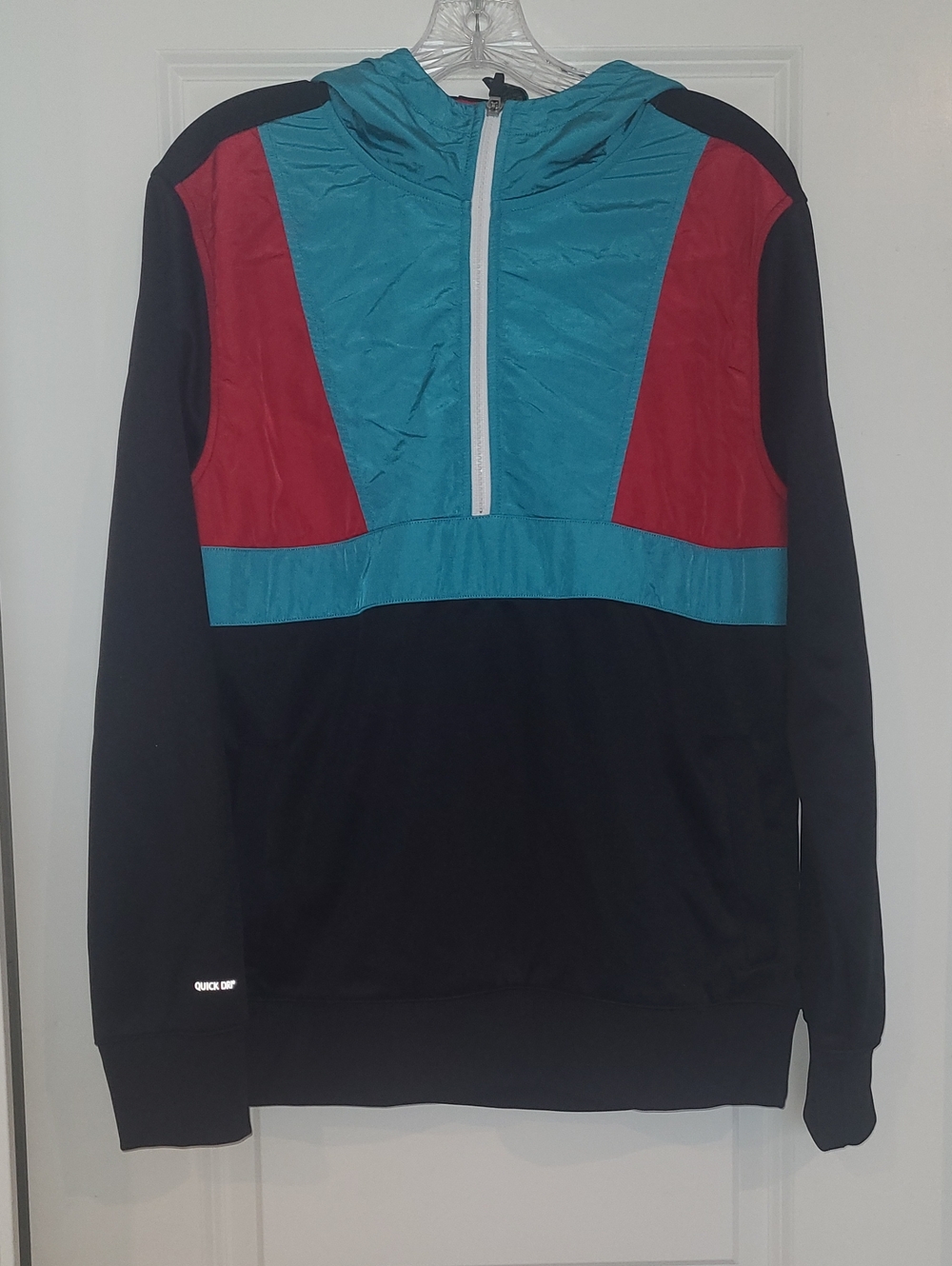 Xersion Nylon Quarter-Zip Pullover Jacket with Hood. Black with Teal & Red Trim